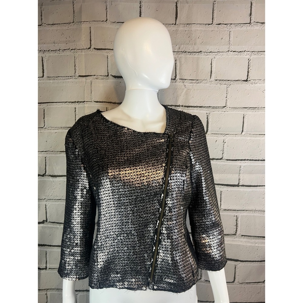 Express Womens Sequin Moto Jacket Silver Black Asymmetric Zip Sparkle Top Sz S
